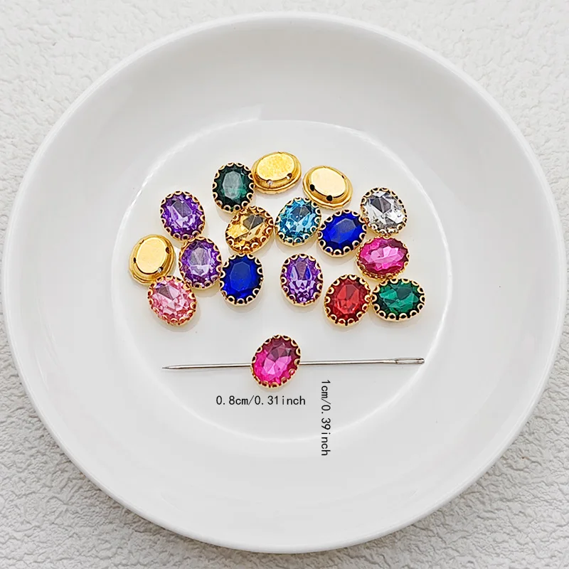 45pcs 0.31 * 0.39 inch oval sewn acrylic rhinestone 4-hole gold button, used for sewing decoration, clothing, jewelry production