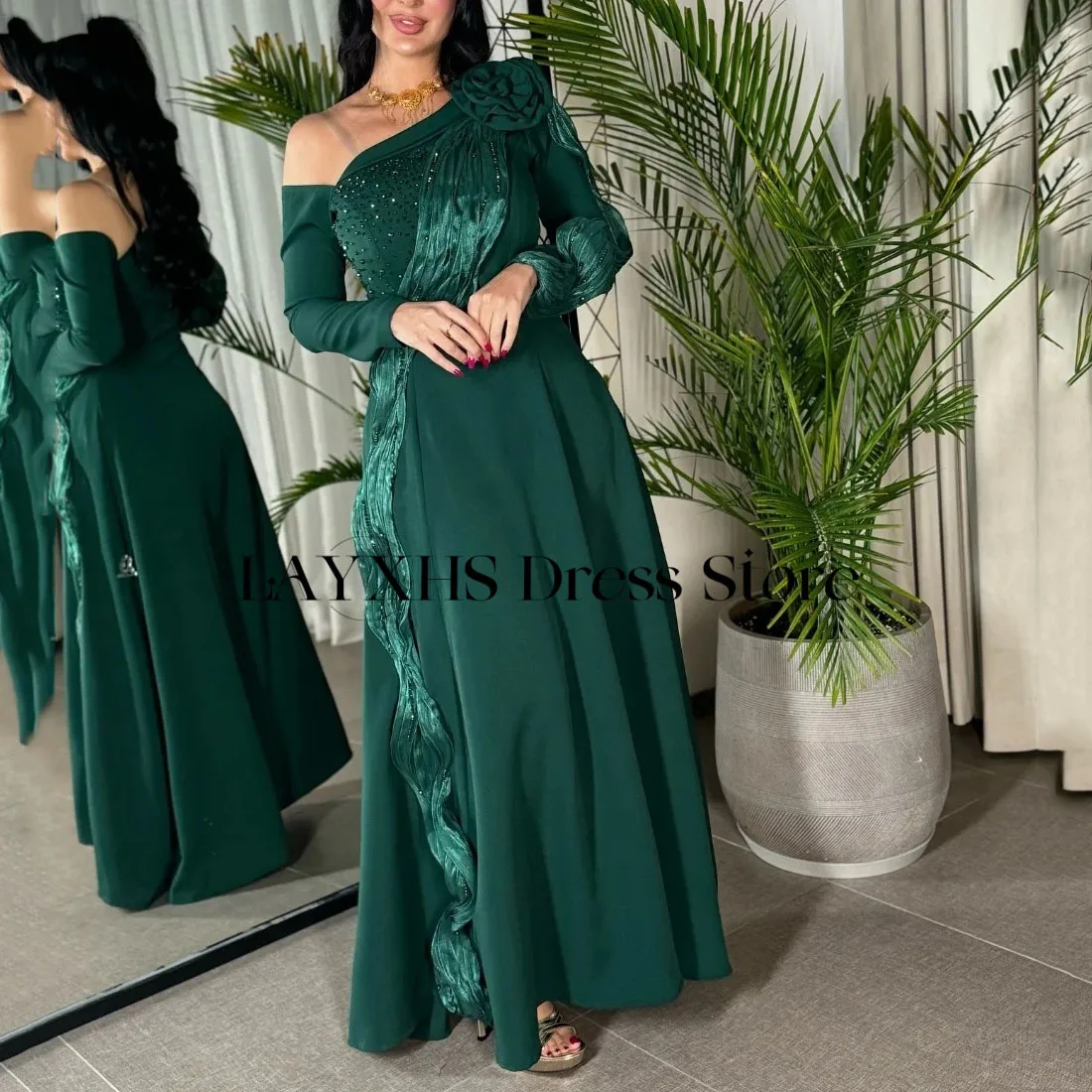 LAYXHS Vestidos de noite luxuosos de um ombro, linha A, mangas compridas, flores frisadas, vestidos de baile personalizados