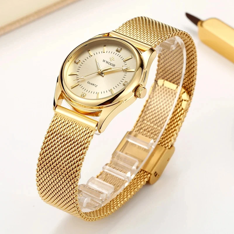 WWOOR-Reloj de pulsera de cuarzo pequeño con diamantes para mujer, accesorio elegante de marca de lujo, con malla de acero, color dorado