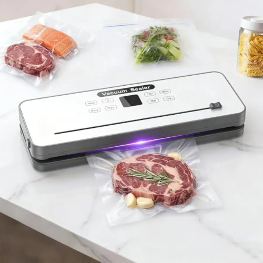 

Вакуумный упаковщик с режимами для сухих и влажных продуктов, 4 предустановленными функциями, регулируемой герметизацией для сохранения свежести, для приготовления су-вид, в комплекте 20 пакетов