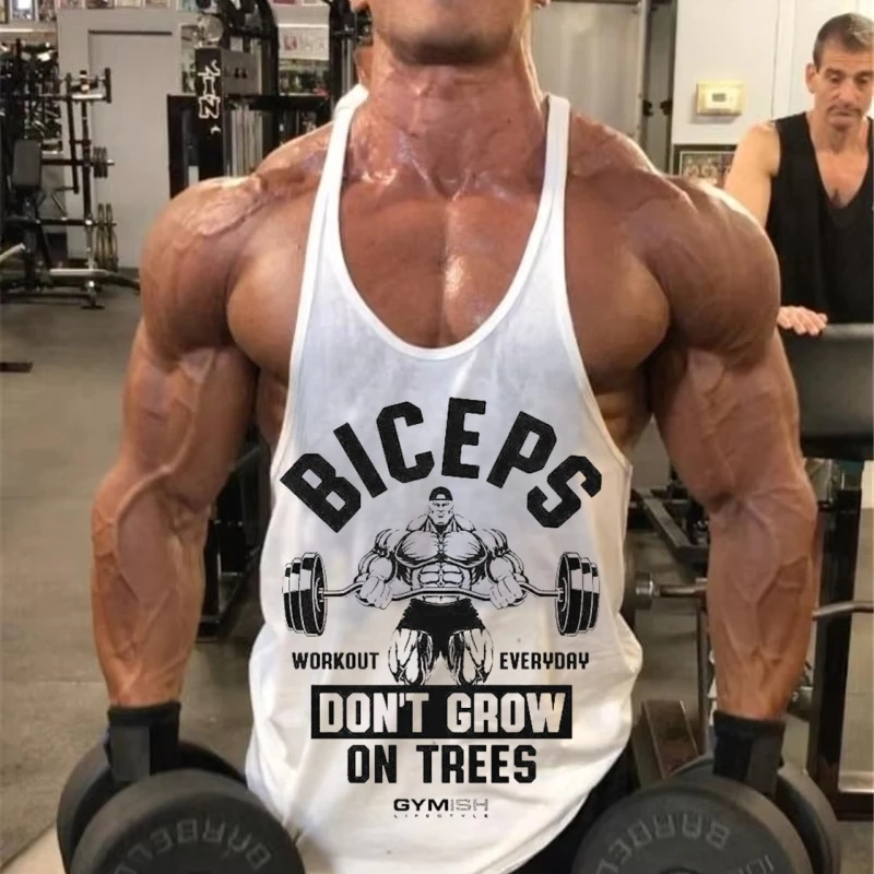 

Men's Y-Back Gym Stringer Tank - "Biceps Don't Grow on Trees" Print, Cotton, Ideal for Arm Workouts & Bodybuilding