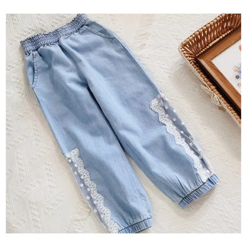 

Summer Girls Thin Lace Anti-mosquito Pants Children's Casual All-match Loose Trousers Baby Girl Foreign Flavor Breathable Jeans