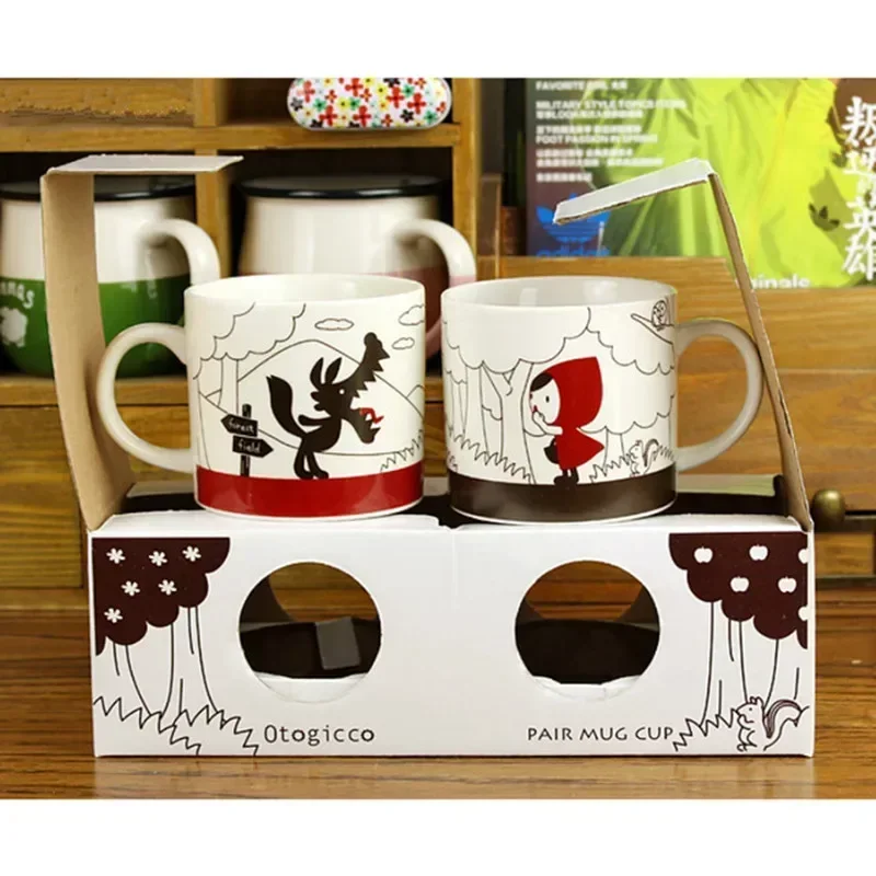 

2 In 1 Couples Coffee Cups Cartoon Little Red Riding Hood Cute Lovers Gift Ceramic Moring Mug Cup Breakfast 2pcs Mugs Drinkware