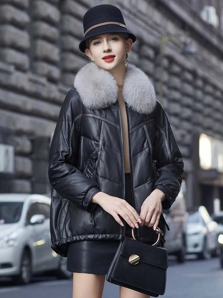 Genuine Leather Down Jacket Women's Fox Fur Collar Sheepskin Coat Short 2023 Winter New Large-sized Thick Women Leather Jackets