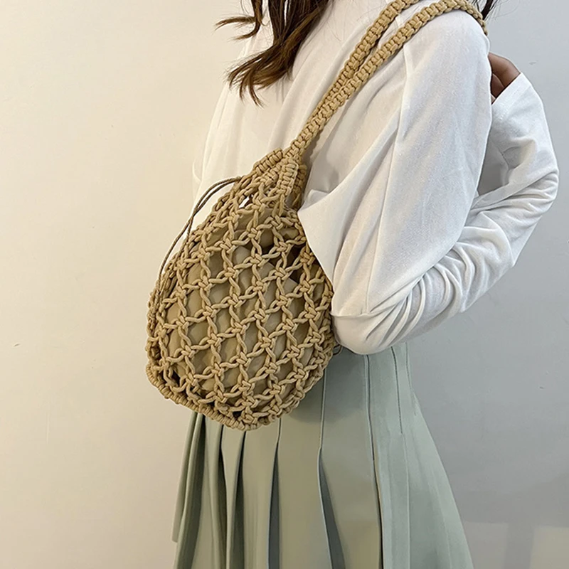 Sommer Strand Tasche Für Frauen Mesh Seil Gestrickte Eimer Schulter Taschen Reticulate Hohl Reise Shopper Totes Damen Mode Handtasche – Detail 7