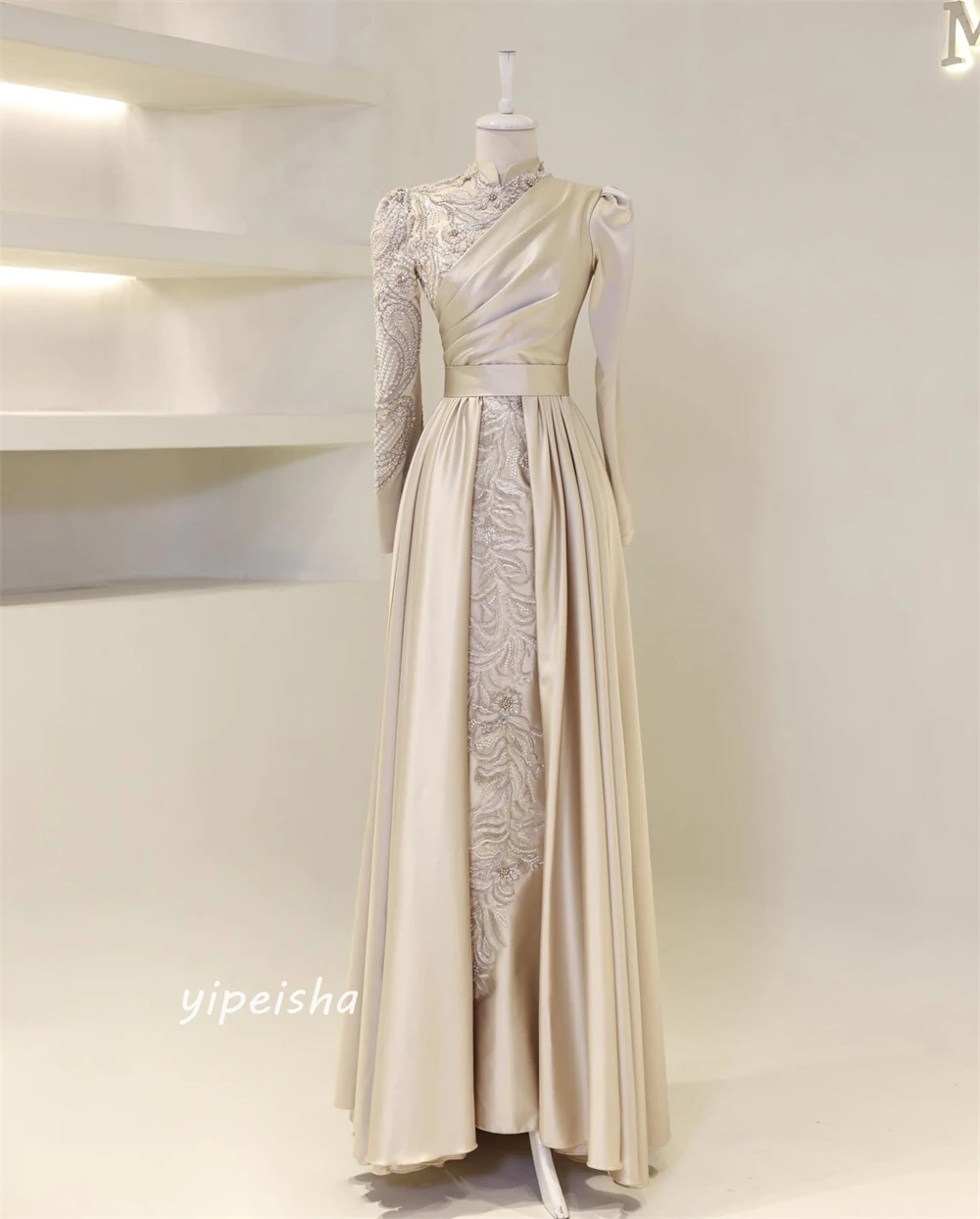 Jiayigong  Satin Beading Draped Pleat Clubbing A-line High Collar Bespoke Occasion Gown Long Dresses Saudi Arabia