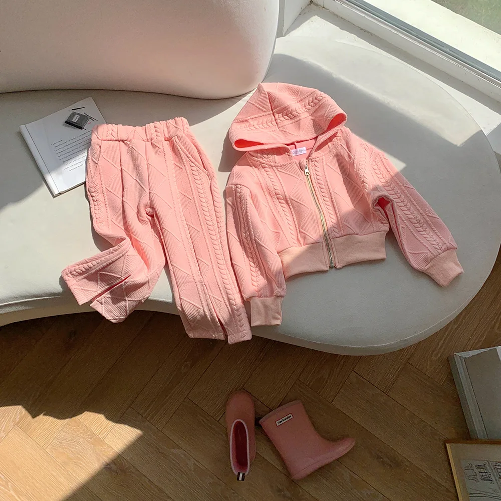 

Girls' Set Spring Autumn New Zipper Sweaters Children's Versatile Hooded Cardigan Soft Knitted Bellbottom Pants Two Piece Set