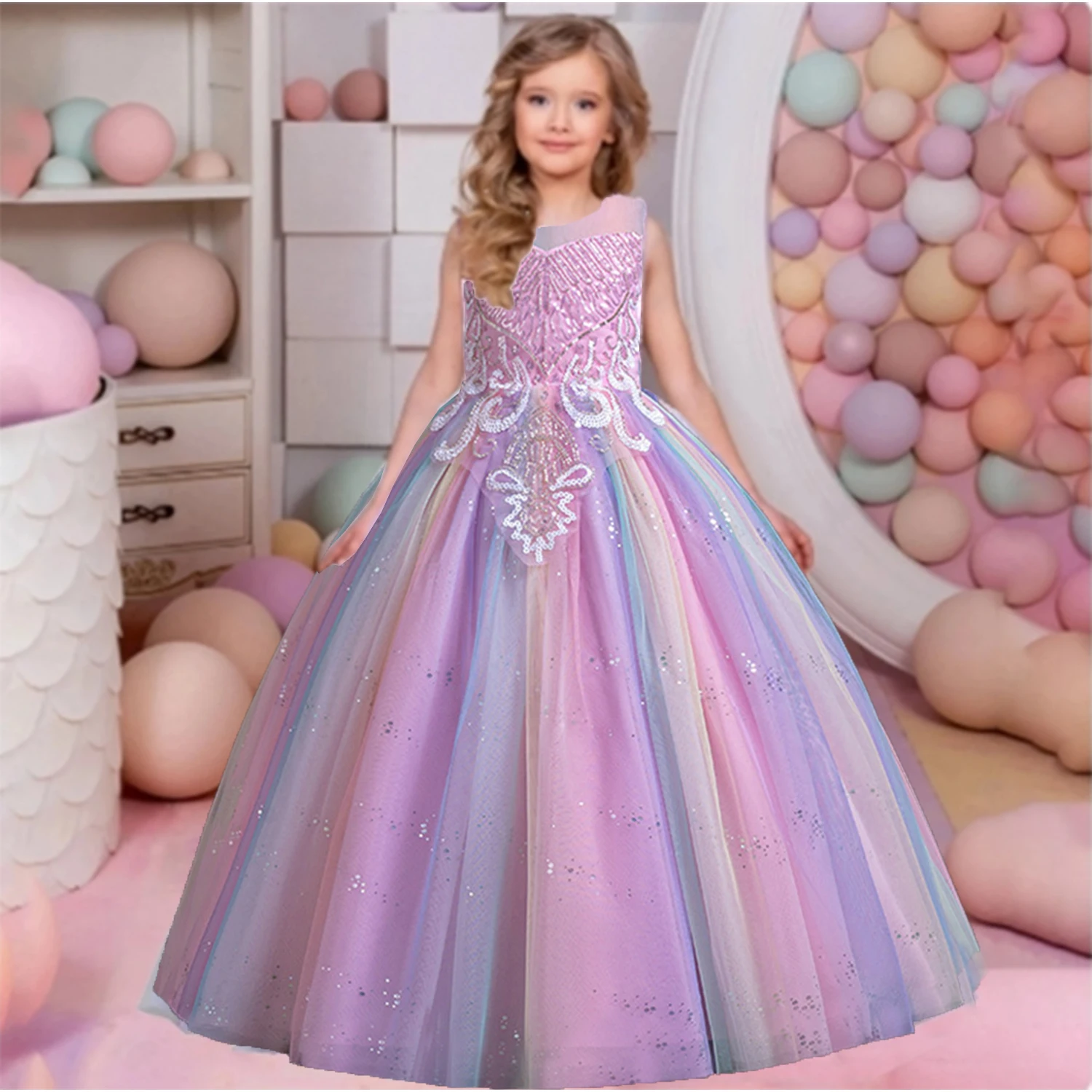 

Stunning Little Big Girls Glitter Flower Girl Birthday Party Formal Dress Long Pageant Dress AC1080