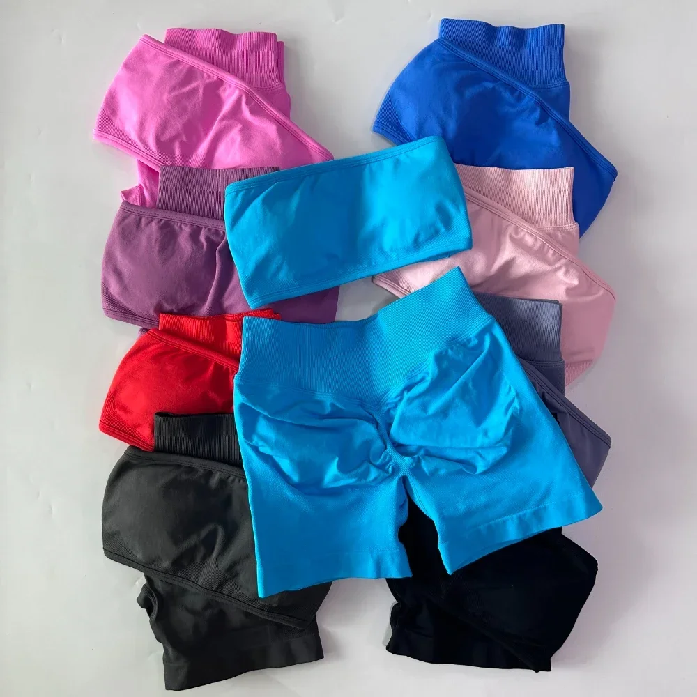 

No Logo 2 Pieces Yoga Set Women Backless Bandeau Sports Bra Scrunch Shorts Yoga Clothing Workout Clothes Outfits Sets Gym Set