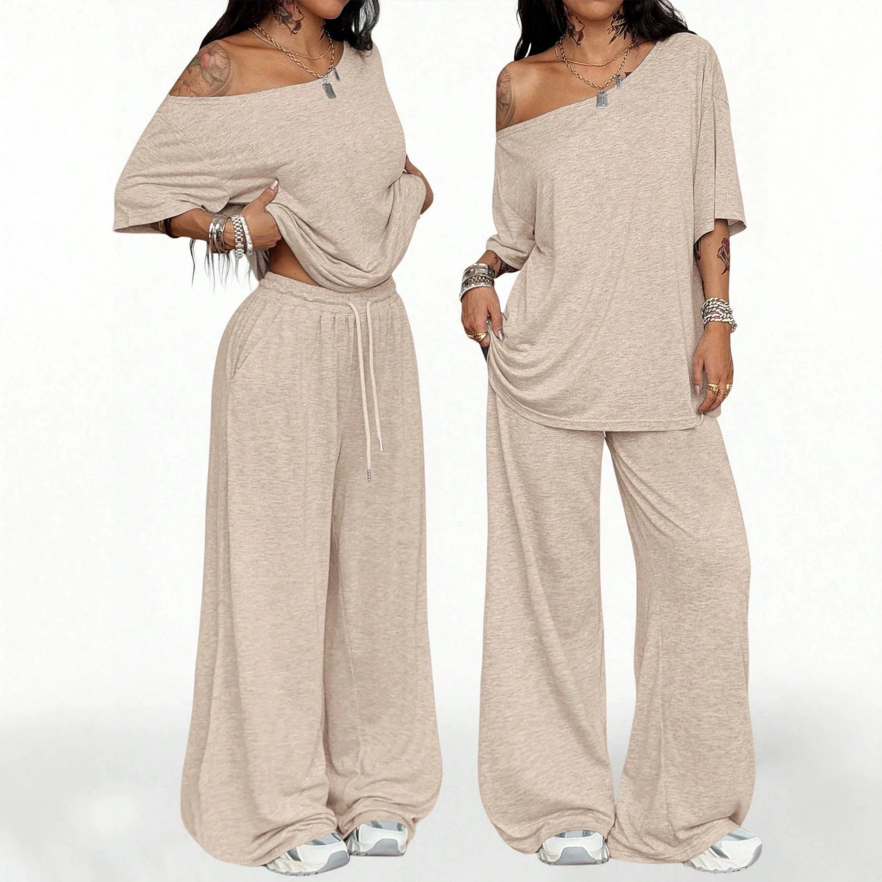 

Elegant V-Neck Wide Leg Pants Set Women Casual Matching Sets Jumpsuit Playsuit Lounge Tracksuit