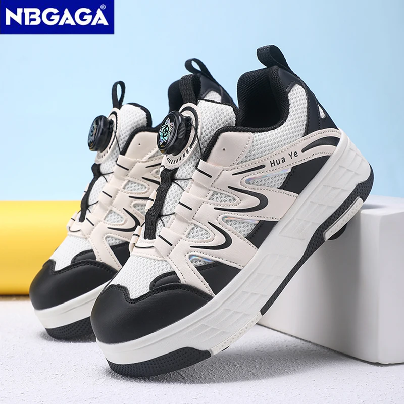 Children 2‑in‑1 Roller Skate Shoes Rotary Buckle Breathable Mesh Sneakers Boys Girls Outdoor Sport Walking Skating Shoes