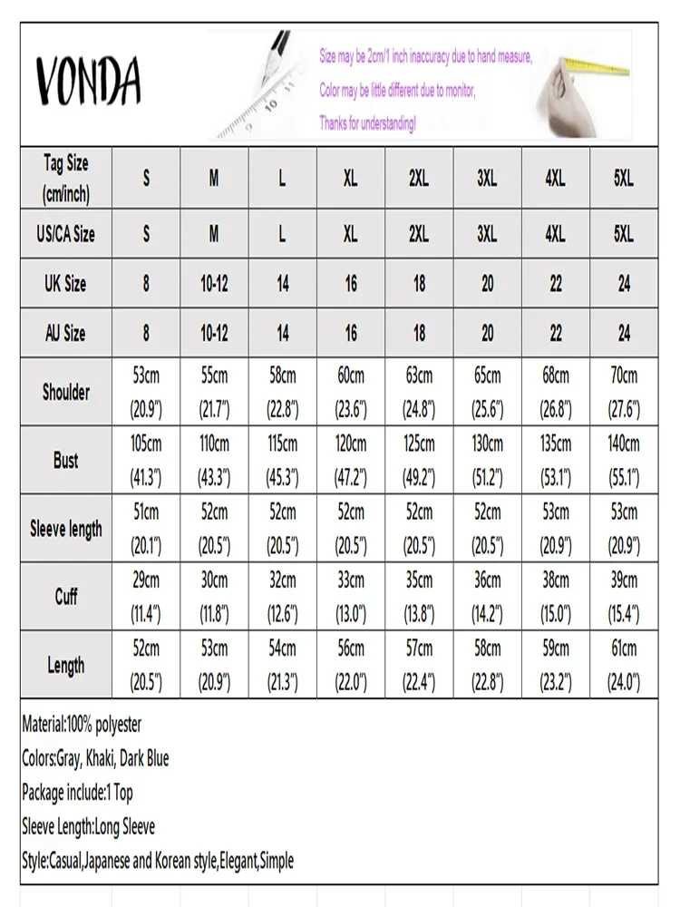 Plus Size 5XL VONDA Winter Women Jackets Long Sleeve Lapel Streetwear Coats Autumn Fashion Pockets Solid Zipper Casual Outcoats