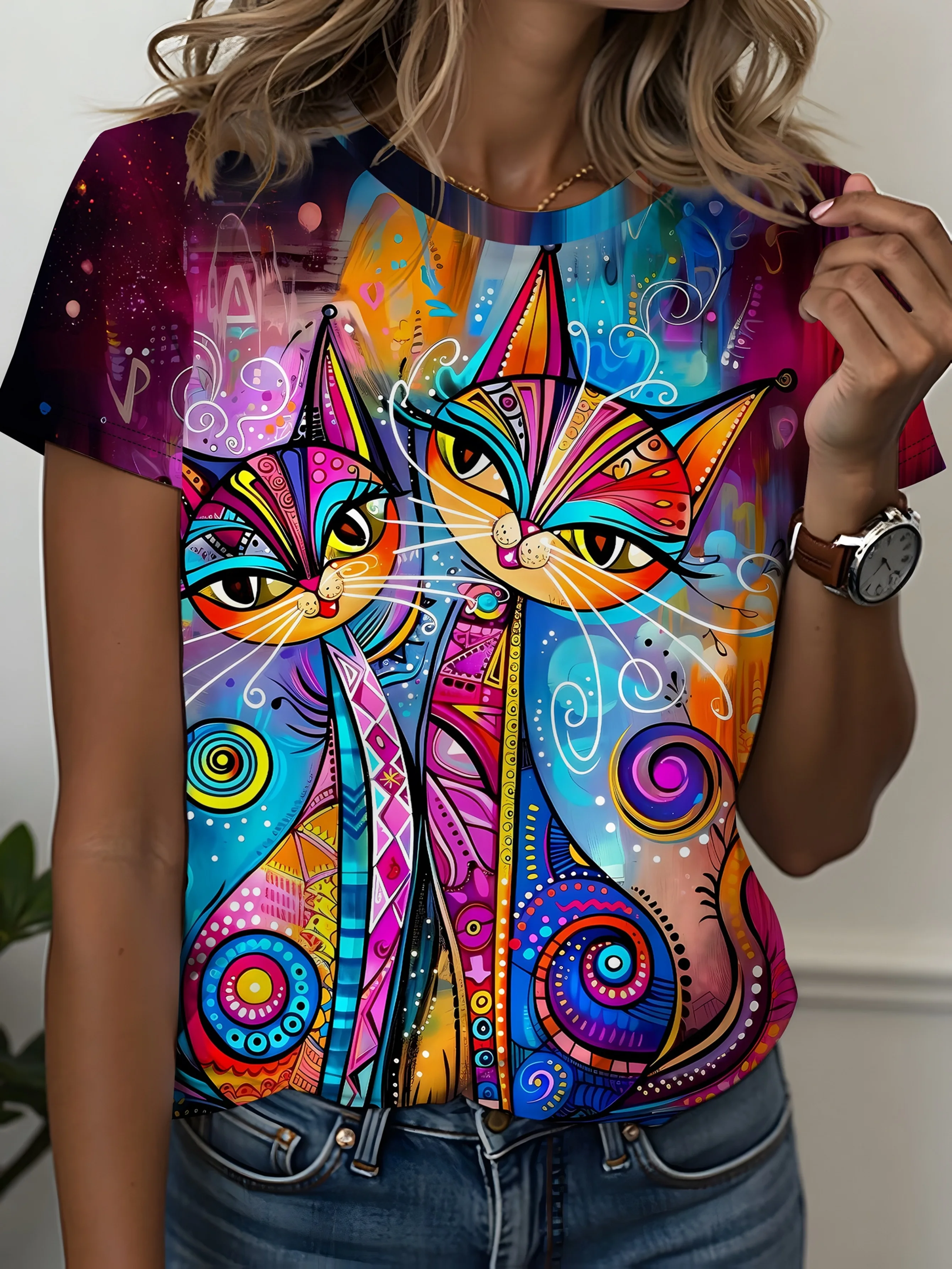 Vibrant Psychedelic Cat Women's Tee - Colorful Patterned Duo Graphic, Bold Boho Art Print Design for Casual Daily Wear