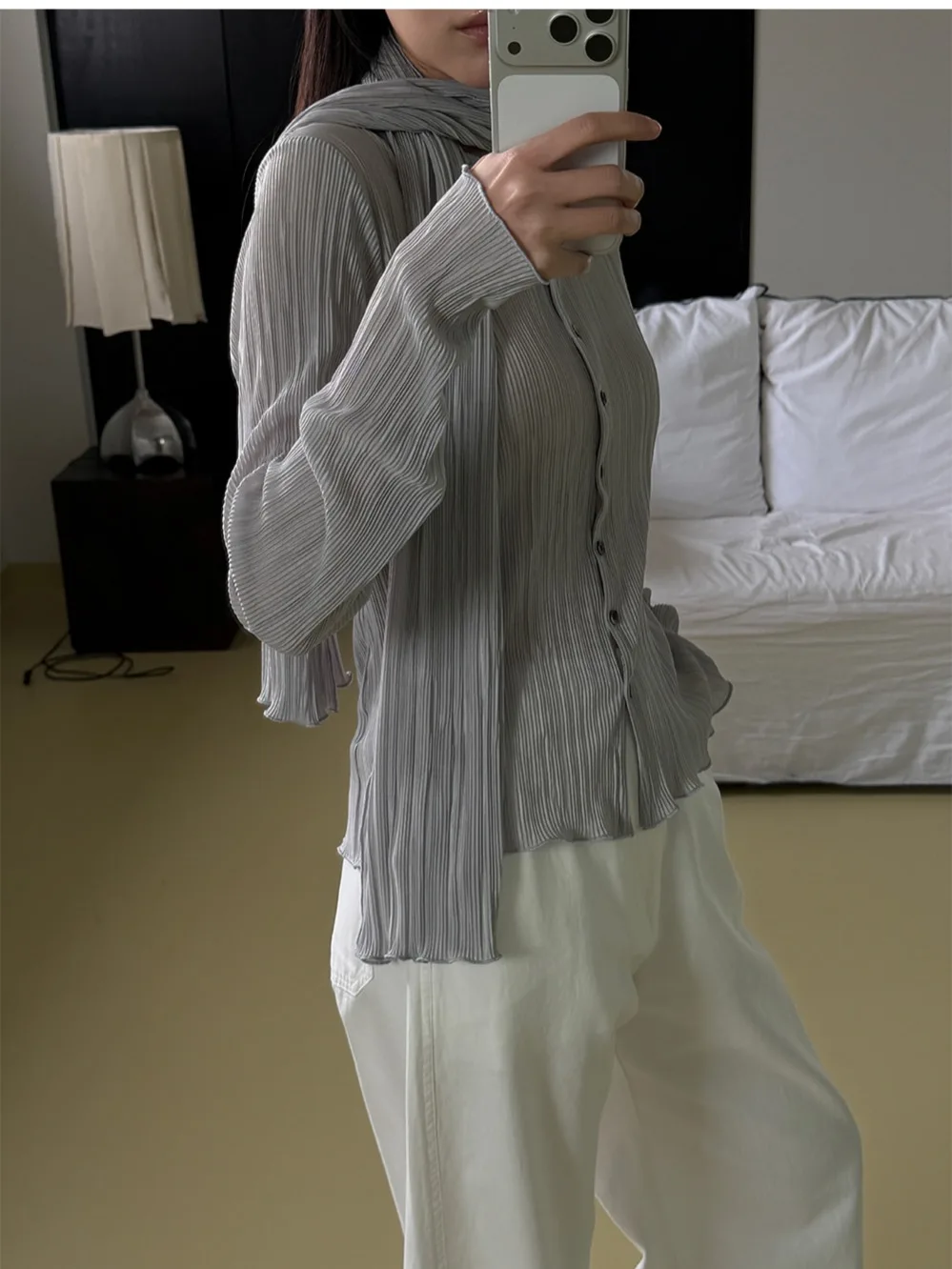 Elegant Summer Long Sleeve Women's Shirt Neck Hanging Sash Pleated Texture round Neck Single Button Elastic Shirt Korean Style
