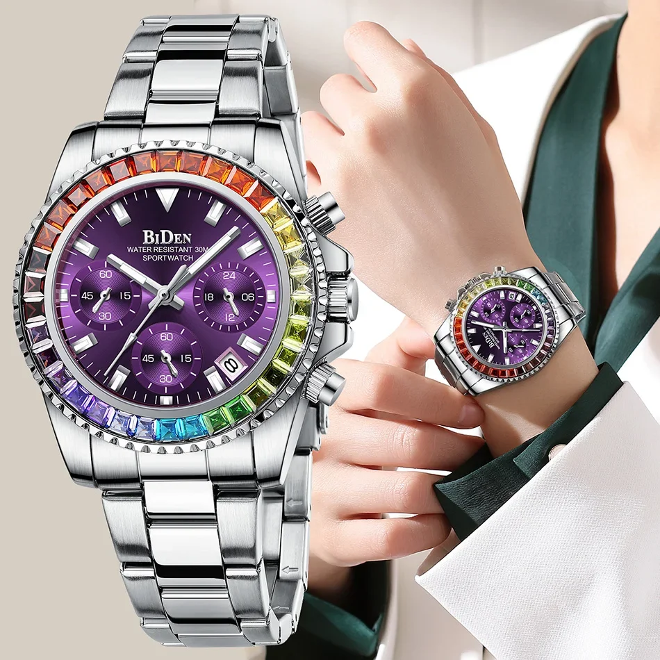 Luxury Silver Stainless Steel Elegant Women Watches Multi Function Chronograph Waterproof Calendar Lady Quartz Wristwatch Purple