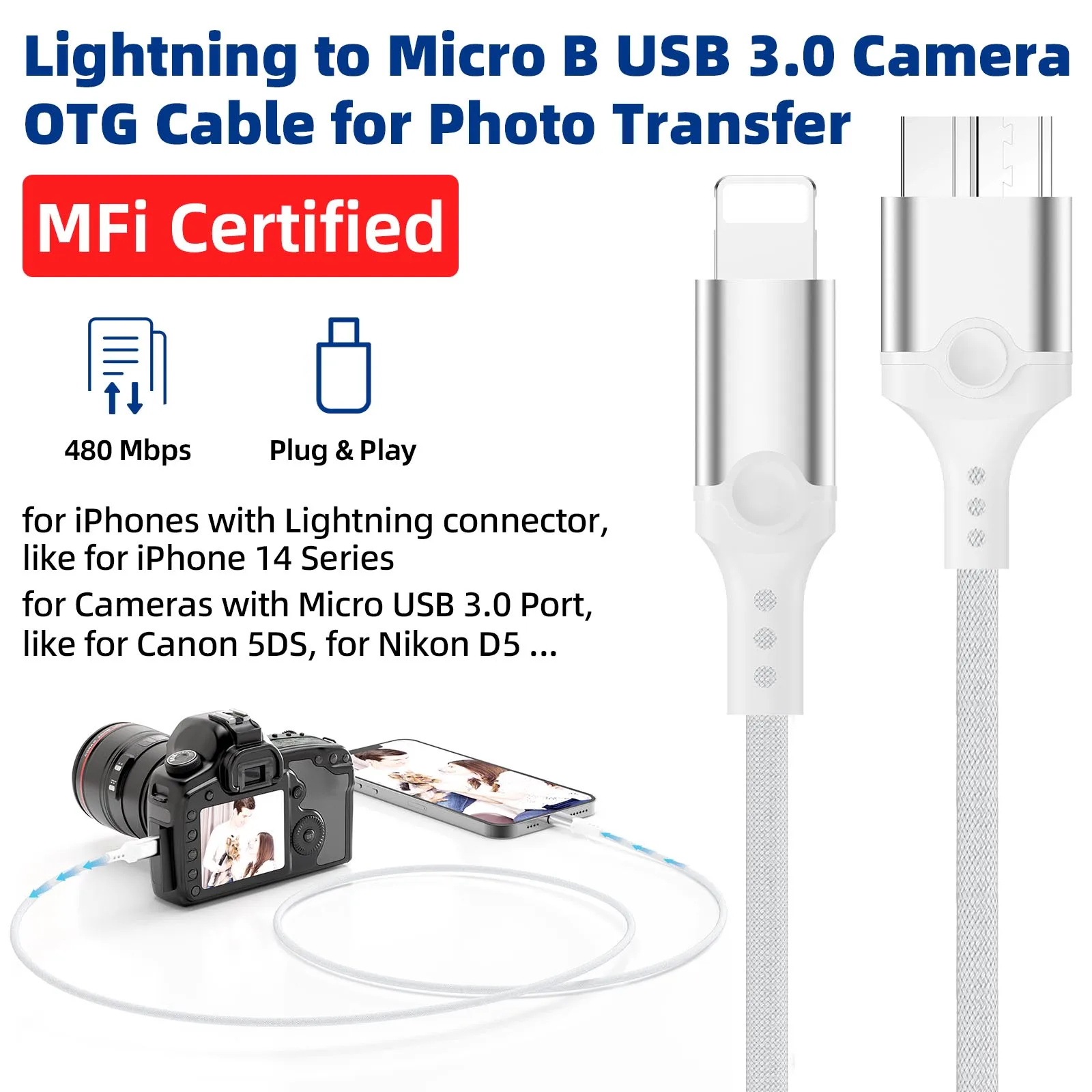 

Lightning to Micro B USB 3.0 Camera OTG Cable Adapter MFi Certified for iPhone 14 13 12 Import Photos Video for Canon Nikon DSLR