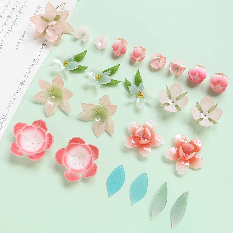 1pcs Simulation Peach Blossom Daffodil Resin Flower Green Leaf Heat Shrink Sheet Diy Handmade Jewelry Earrings Hairpin Material