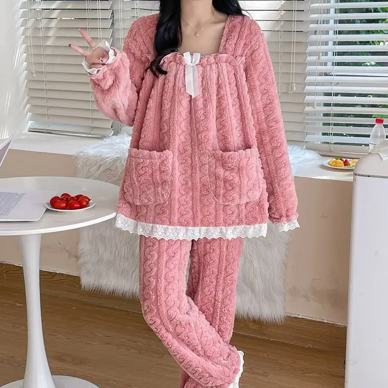 2023 Winter New Women Long Sleeve Oversized Flannel Pajamas Coral Fleece Suit Loose Thick Homewear Comfortable Outcoat