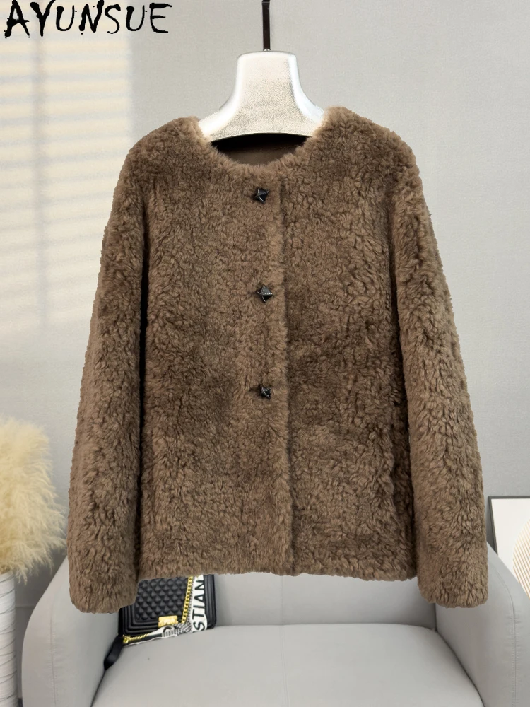 AYUNSUE 100% Natürliche Wolle frauen Jacke Elegante Rundhals Lamm Pelz Jacke Frau Kleidung Lose Outer 2025, Ropa Para mujer