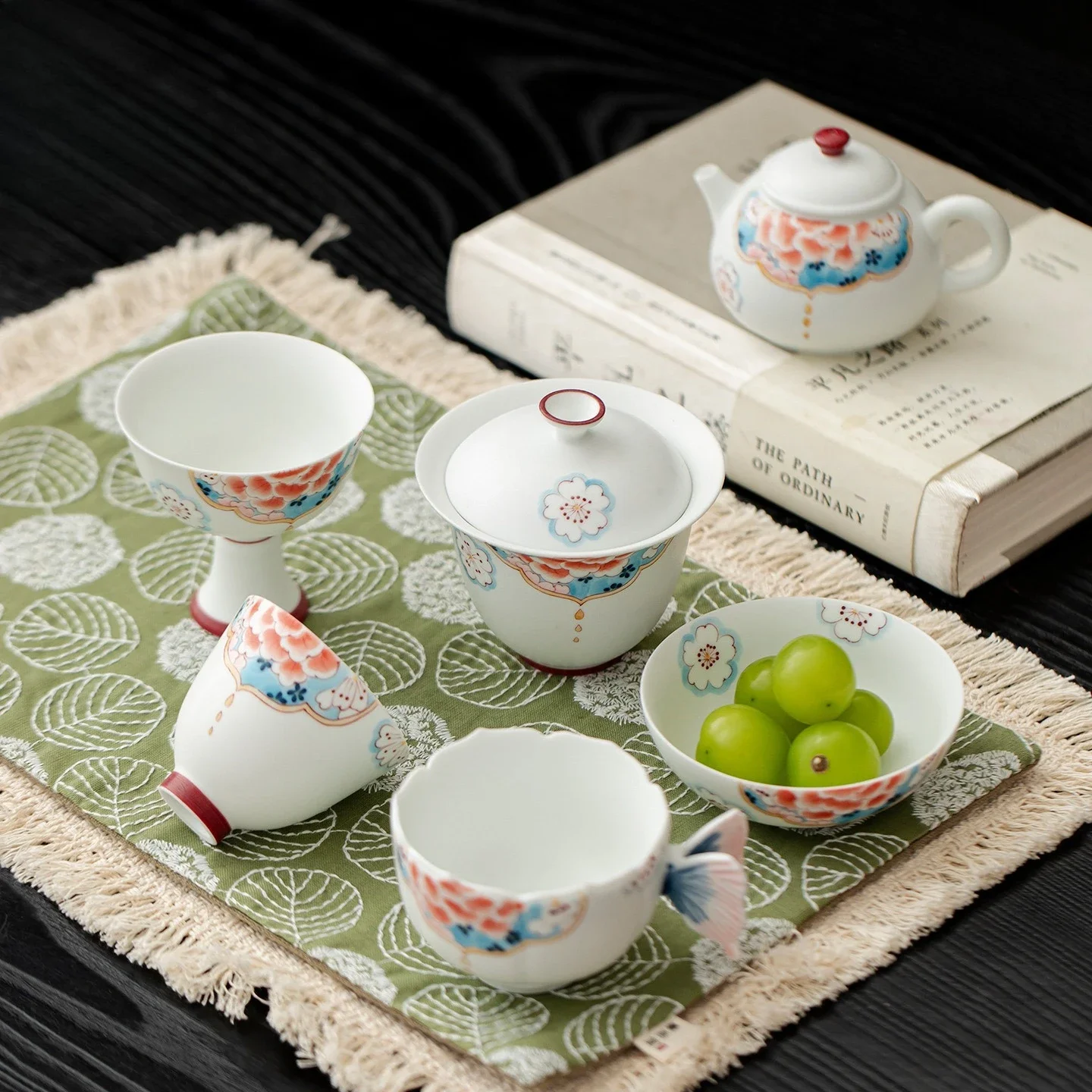 Hand-painted Fat White Xia Phi Peony Household TeaSet Collection KungFu TeaSet Ceramic Teapot Cover Bowl Teacup Saucer Ornaments