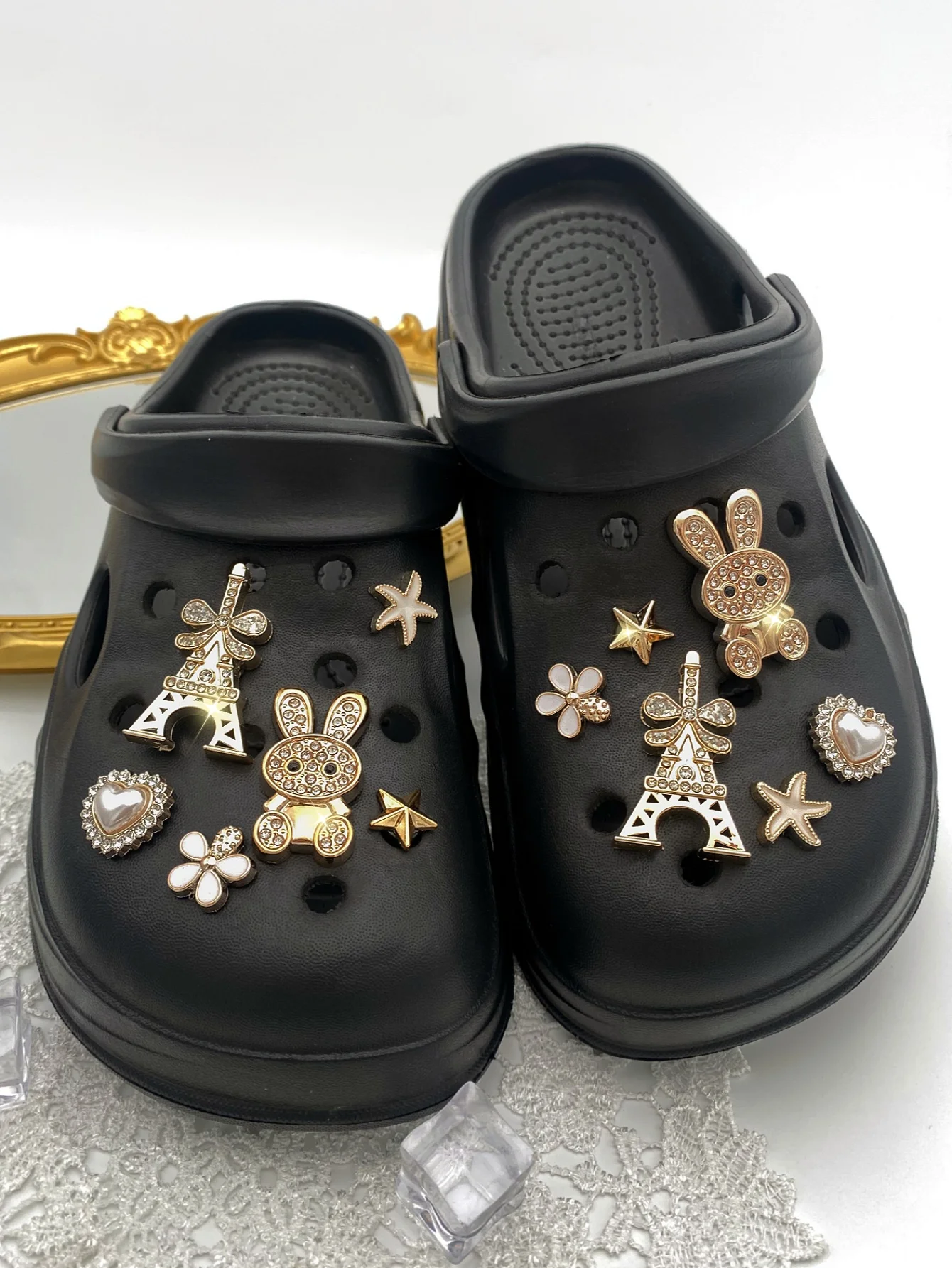 

12 штук золотой башни с блестками, дрель кролика, сердца, белых цветов, морской звезды, пряжка для обуви с пятиконечной звездой, украшения своими руками, w