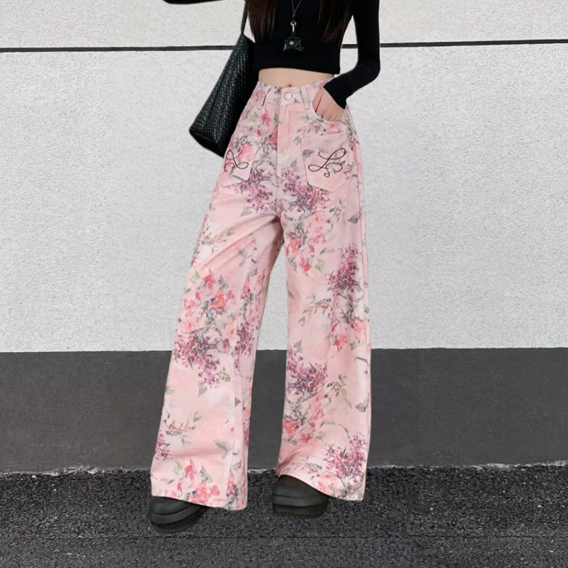 2025, Trend Y2K-Stil, Blumen, bedruckt, rosa Baggy-Damenjeans, Hosen, Damenbekleidung, koreanische lässige Baumwolle, lange Hosen, Ropa Mujer