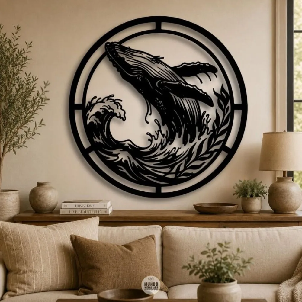 CIFBUY Metal Wall Art Humpback Whale Wall Decor 3D Ocean Wave Wall Sculpture Nautical Coastal Home Room Decor