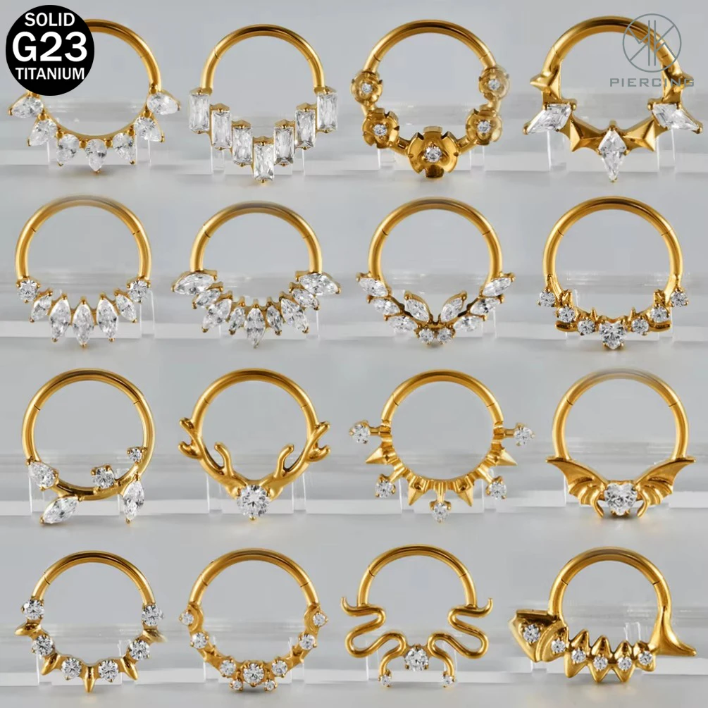 G23 Titanium Hinged Snake/Antler-Septum Click Nostril Ring Bat Heart Zircon Ear Tragus Daith Helix Hoop Earring Piercing 16G