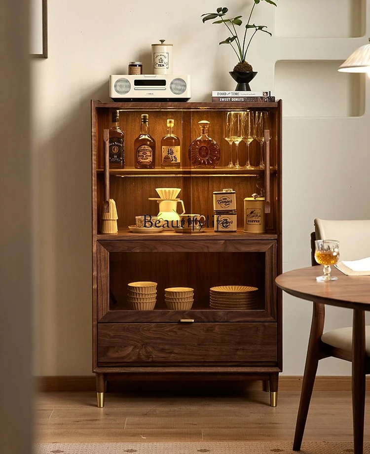 

ls 04 North American black walnut glass wine cabinet Nordic simple home storage display locker