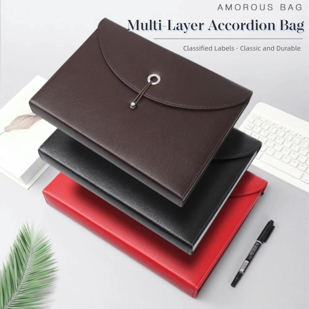 

Waterproof PU Leather Document Bag 13 Pockets with Labels Expanding File Holder Portable Multifunctional A4 Files Briefcase
