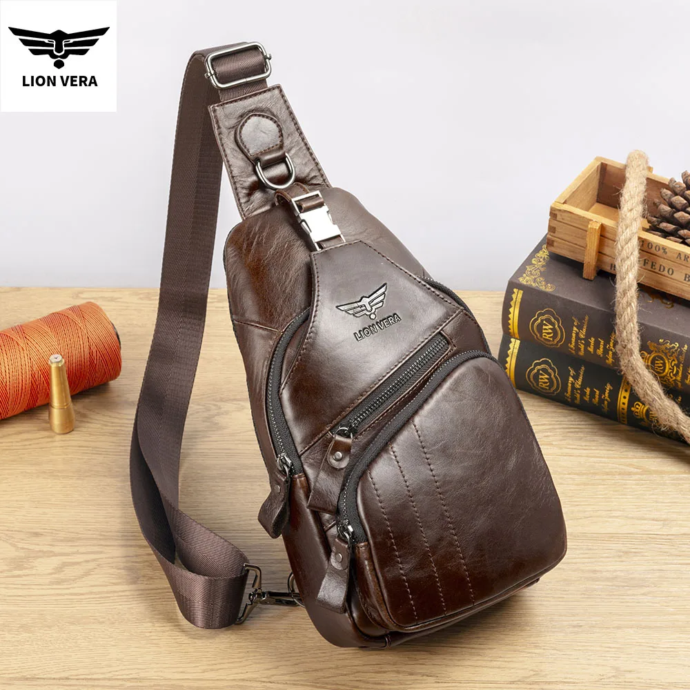 LION VERA Men's Genuine Leather Chest Bag Multifunctional Anti-Theft Crossbody Bag Casual Retro 6.6-inch Mobile Phone Bag
