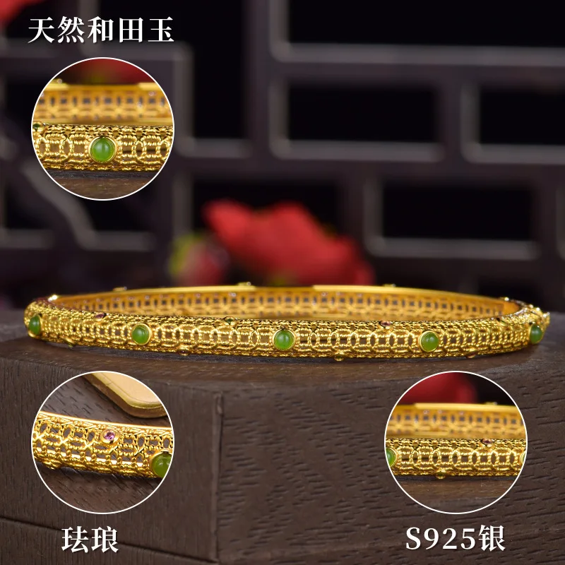 S925 Silver Inlaid Natural Hetian Jade Filigree Bracelet National Trend Women'S Jewelry