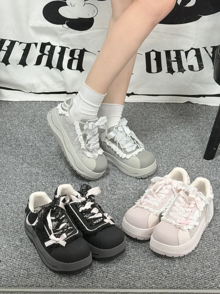 Grey Running Single Shoes Gururu Original Lolita Girls Lace Lace Grey Pink Versatile Thick Soled Sneakers Board Shoes