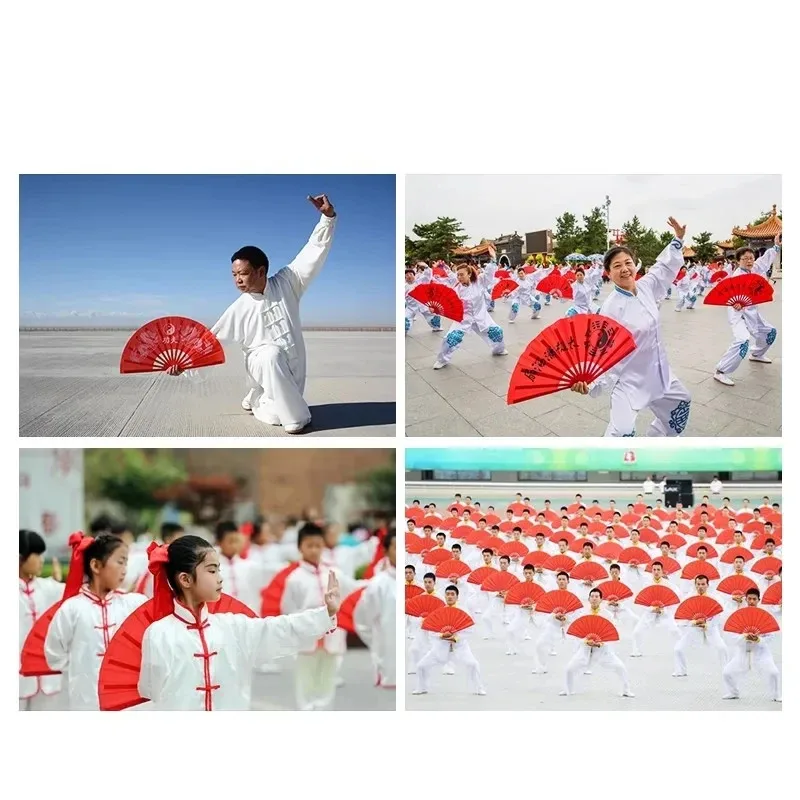 Chinese Tai Chi Fan Bamboo Ribs Double Dragon Kung Fu Fold Ring Fan Classical Red Performance Martial Arts Fitness Dancing Fans