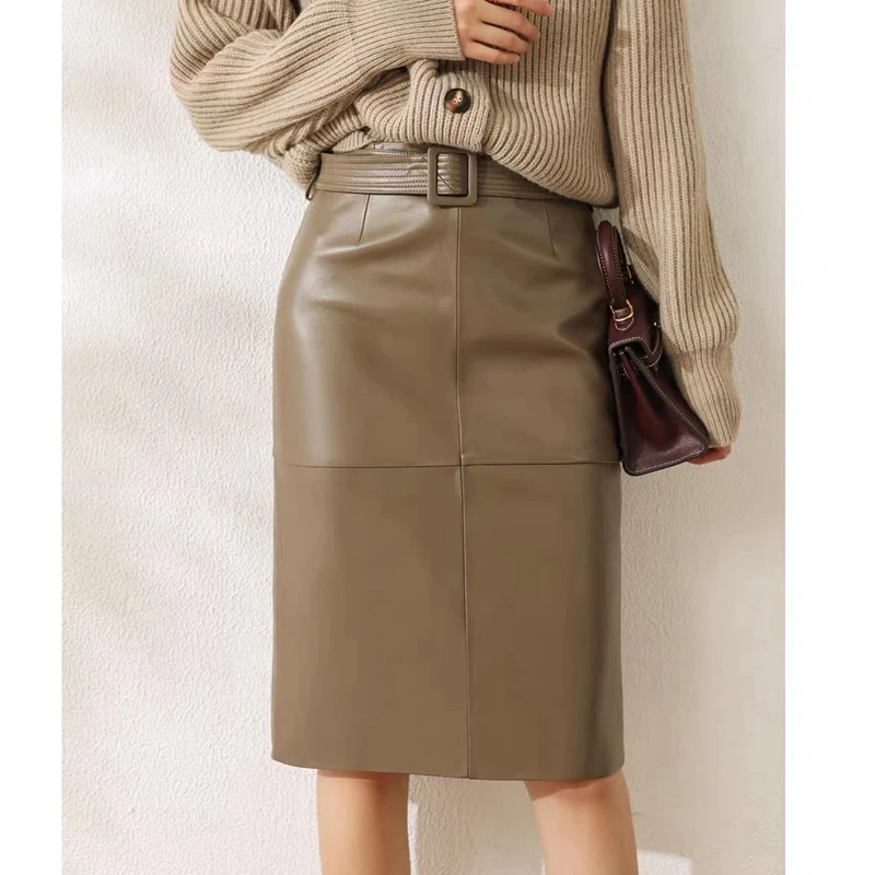 High Quality Genuine Leather Skirt with High Waist and Buttocks Black Half Length Skirt for Women Versatile Mid Length Sheepskin