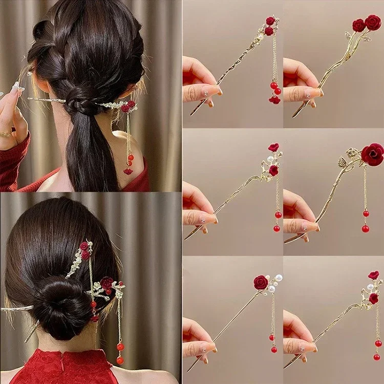 New Chinese Style Red Rose U-shaped Tassel Hairpin Womens Horse Face Skirt Accessories Headwear