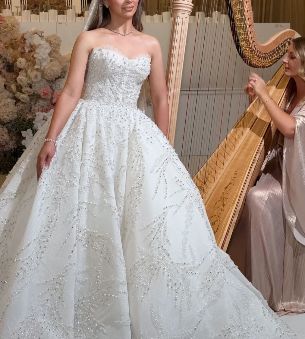 

Luxury Beaded Ball Gown Wedding Dresses Sweetheart Neckline Pearls Crystal Princess Bridal Gowns Vestido De Noiva Customized