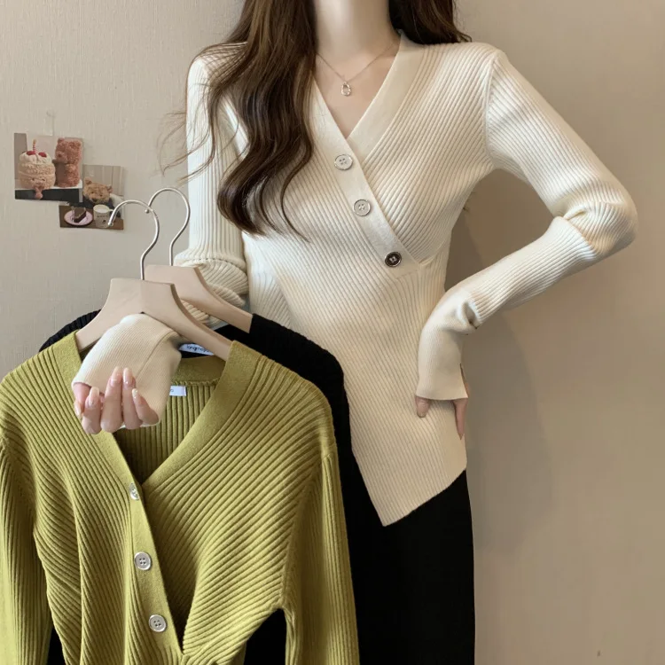 

V-collar Slim Sweater Women Autumn Winter Casual Solid Knitted Pullover Female Elegant Fashion Split Long Sleeve Jumper T937