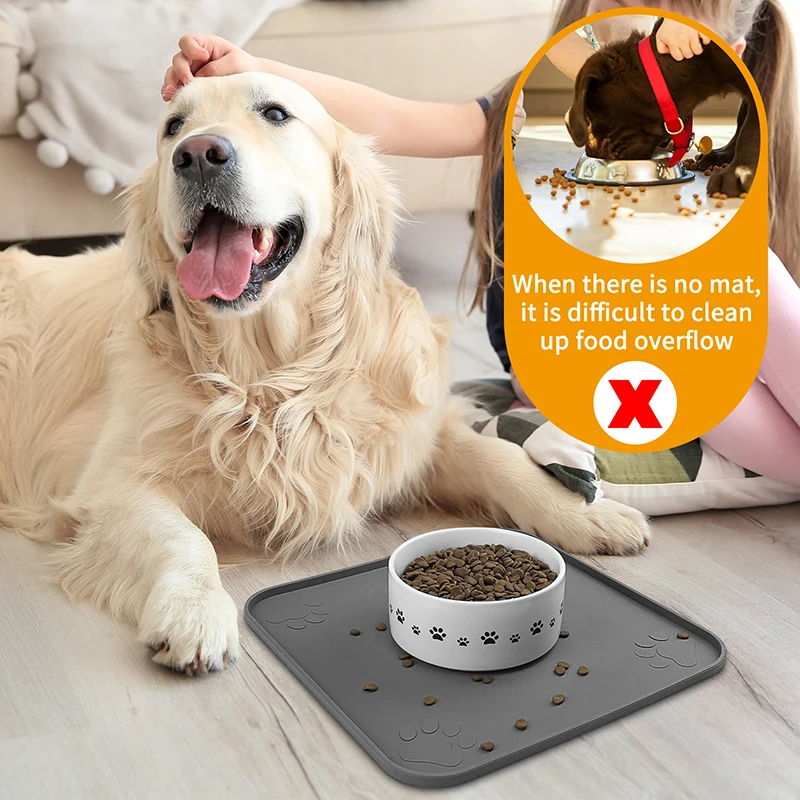 Silicone Pet Placemat Square Dog Cat Feeding Mat - Non-Slip Design with Unique Paw Print Detail - Easy To Clean Pet Food Mat