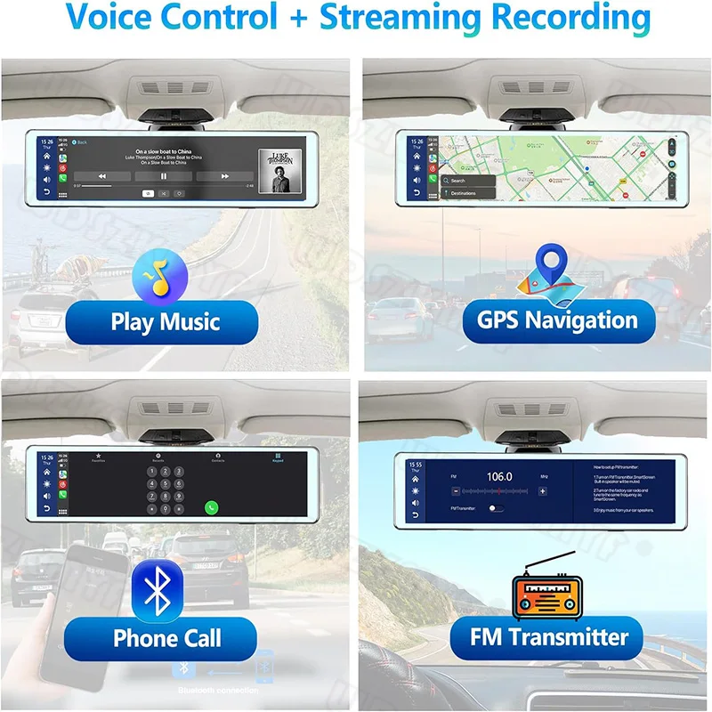 كاميرا داش للرؤية الخلفية مع مسجل فيديو مزدوج Len ، كاميرا تيار مرآة ، مشغل سيارة أندرويد تلقائي ، مسجل فيديو رقمي للسيارة ، بلوتوث ، FM ، WiFi ، 10 ، 12 ، 4K