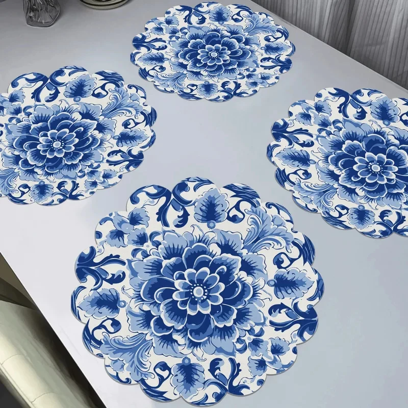 VIKAMA 4pcs Blue White Chinese Porcelain Floral Placemats Heat Resistant Table Mats for Kitchen Dining Decor Restaurant Supplies