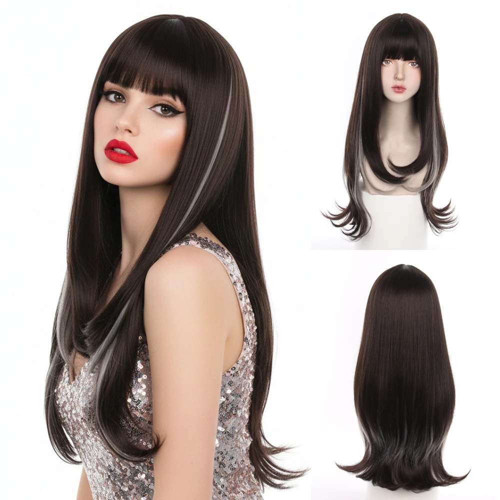 

Длинный прямой синтетический стиль Лолиты, черный серый парик с омбре с челкой, термостойкий женский парик для косплея, вечеринки, повседневной носки