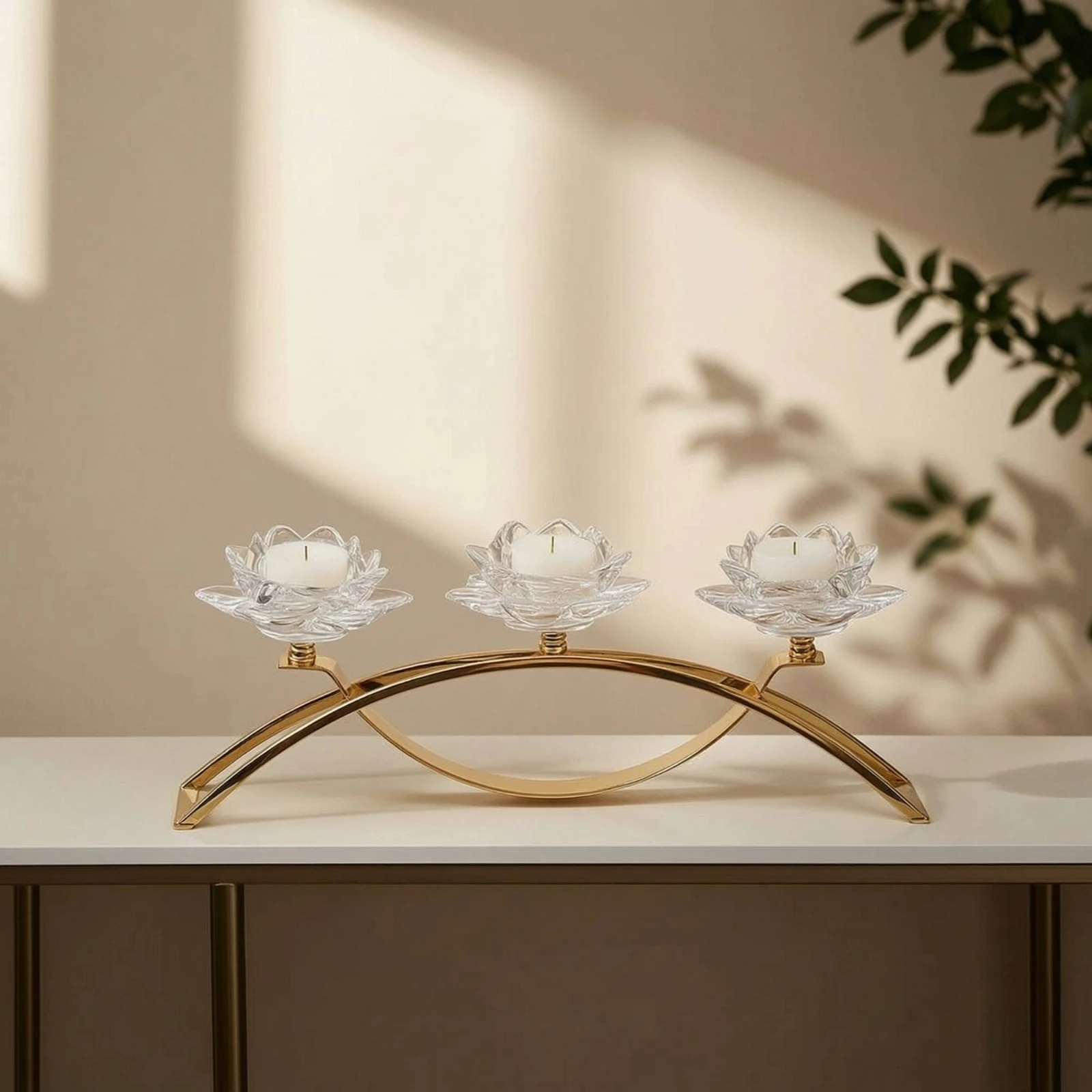 Bridge Candle Holder Gold 3-Candle Holder Candelabra with Glass Cups Metal Decor Refined for Brides, Wedding Tables