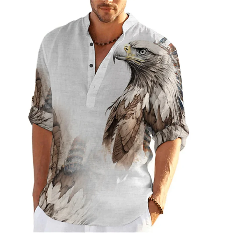 

2025 New Wolf Print Long Sleeve Shirt Fashionable Personalized Stand Collar Button Casual Shirt Extra Large Size S-5XL