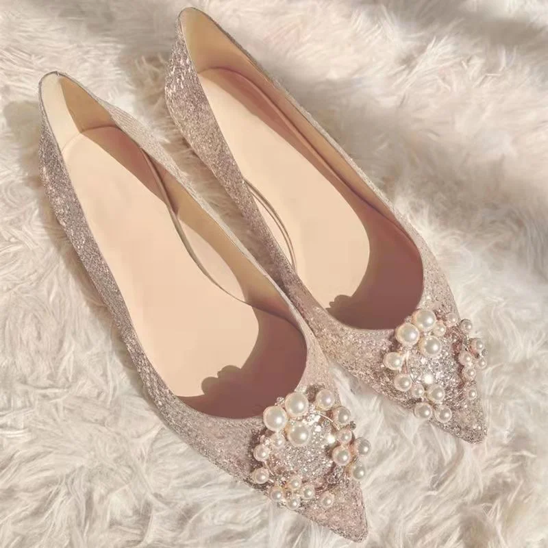 Pearls Wedding Shoes Woman Luxury Gold/silver Glitter Flats 33-44 Big Size Bride Shoes Pointed Toe Chaussure Femme Premium Shoes