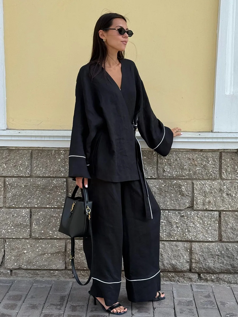 Bornladies 2026 Spring New Women's Shirt Two Piece Set V-neck One Piece Cardigan Wide Leg Pants Set