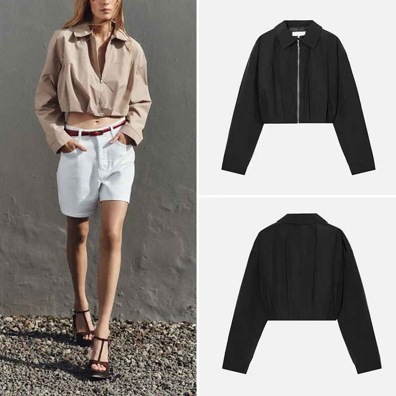 

Spring 2025 Women's Faion Folded Decoration Wide Sle Long Sve ort Coat Turn-down Collar Polyester Fiber 00% Jaet