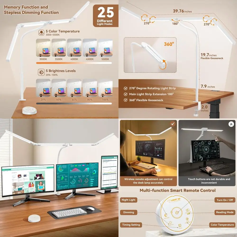 

Настольная лампа с зажимом для архитекторов: эргономичная светодиодная лампа с двумя головками и дистанционным управлением для домашнего офиса, настольное освещение с монитором - Fl