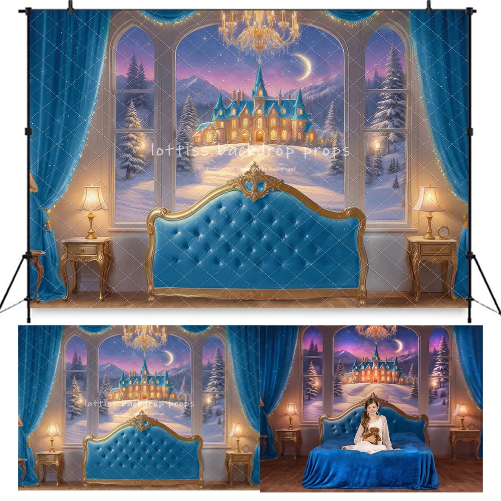 Holiday Fairytale Slumber Blue Bed Headbord Backdrops Kids Adult Photography Child Baby Photocall Castle Bedroom Backgrounds