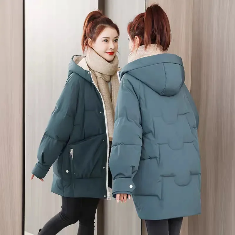 

Korean Women Long Sleeves Cotton Padded Coat Winter Ladies Fashion Leisure Down Cotton Jacket 2025 Female Hooded Parkas Outwear